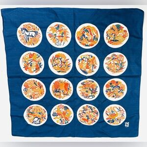 Vintage Pretty Japanese 22” X 21 1/4” Cotton Scarf With 12 Different Scenes